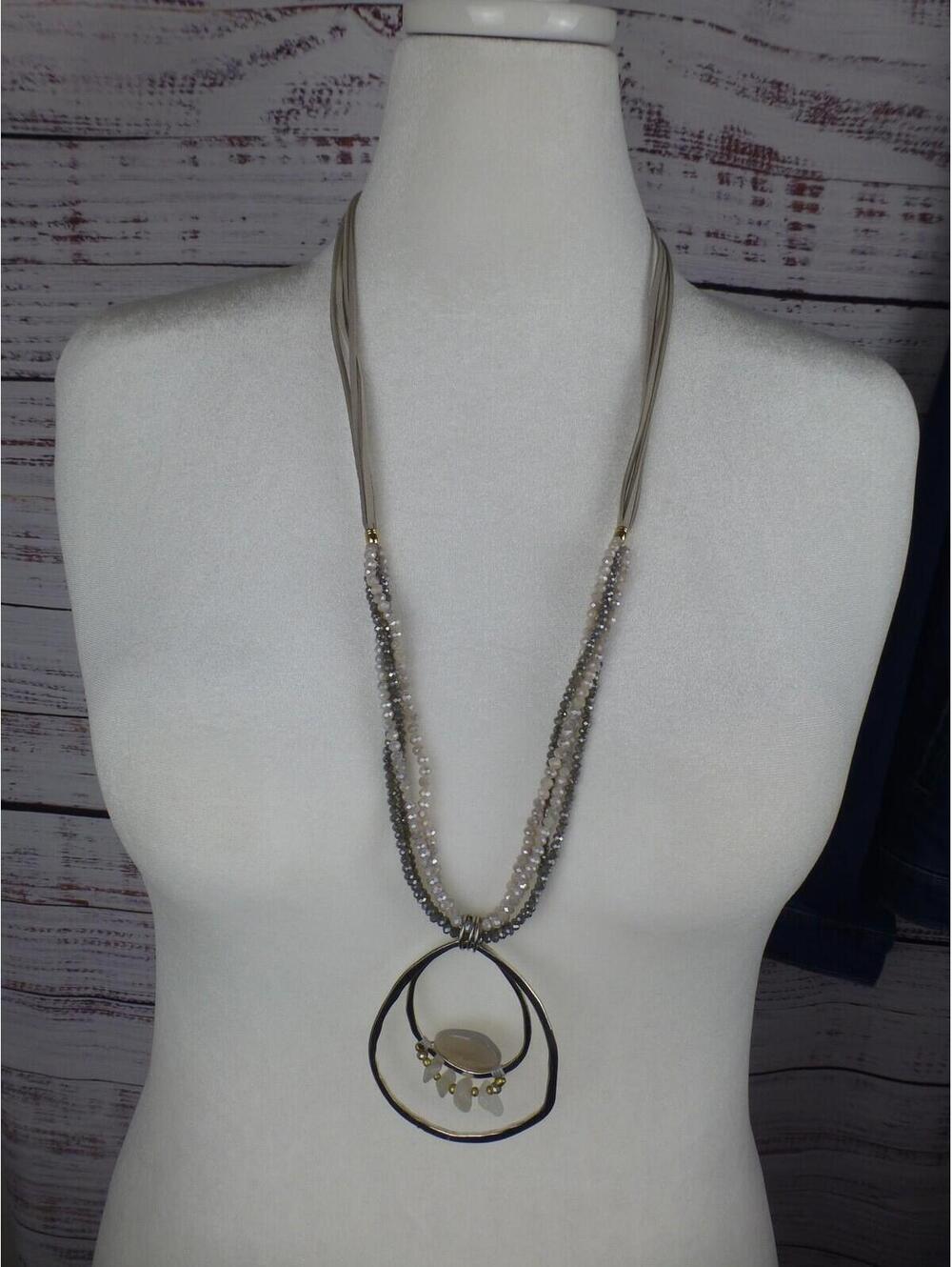 Long Multi-Strand Suede Cord Beaded Necklace w/Silver Tone Teardrop Pendant F4